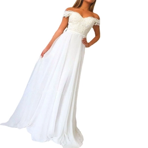 Elegant white off-shoulder lace wedding dress with a flowy chiffon floor-length skirt