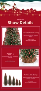 Detailed view of mini flocked Christmas trees with red berries and round wooden bases