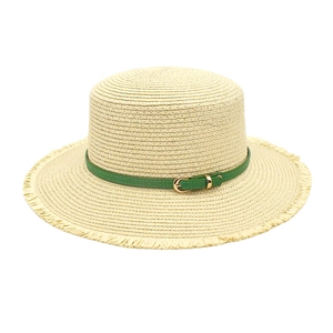 Flat top straw sun hat in cream with green belt buckle and fringe brim detail