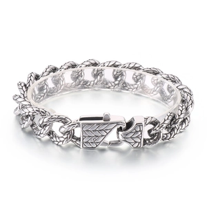 Punk vintage engraved cuban chain bracelet for men with retro feather pattern in silver finish