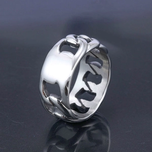 Men's silver stainless steel chain ring with hollow design shown in side view