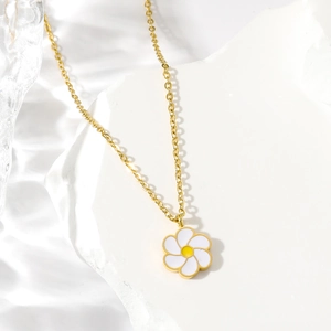 Exquis collier en acier inoxydable plaqué or 18 carats avec pendentif fleur de marguerite