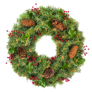 Close-up of Christmas wreath with pine needles, brown pine cones and red berries