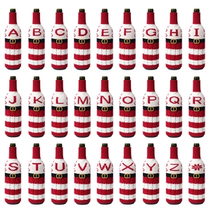 Christmas knitted wine bottle covers with red and white stripes and alphabet A-Z