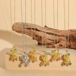 14K gold plated hollow bear pendant necklaces featuring colorful zircon crystals