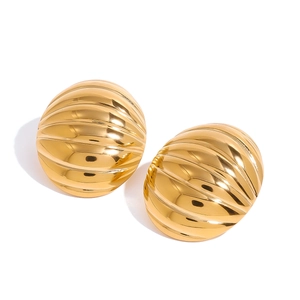 Minimalist golden stainless steel oval ribbed dome stud earrings for women