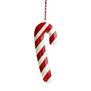 Hand-painted red and white striped candy cane metal ornament with hanging rope