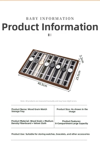 Detailed view of dark walnut wood grain 8-slot watch display tray with dimensions