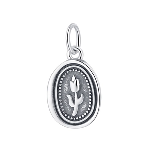Oval S925 sterling silver tulip pendant with vintage engraved floral texture on white background
