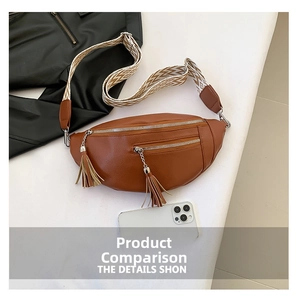 Brown lychee leather fanny pack with dual tassels and wide geometric strap detailing