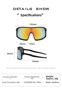 Detailed size chart for cycling sunglasses showing frame width, lens height and PC material