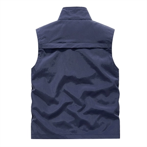 Back view of a navy blue windproof outdoor vest with stand collar and smooth texture