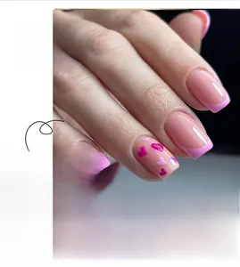Detailed pink French press-on nails featuring purple and pink heart patterns, style #JP2526