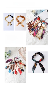 Various silk-like scarves with elegant vintage patterns on a white plush background