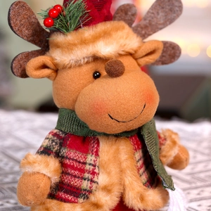 Standing Christmas reindeer plush doll with retractable legs and red plaid holiday outfit
