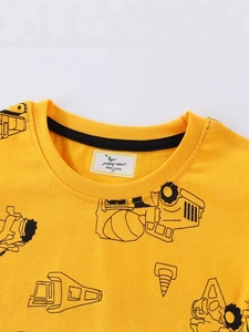 Yellow boys knitted cotton T-shirt featuring black excavator prints and round neck