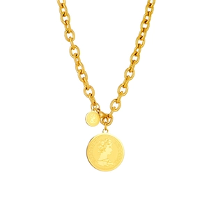 Retro gold titanium steel necklace featuring Elizabeth II portrait coin and thick link chain