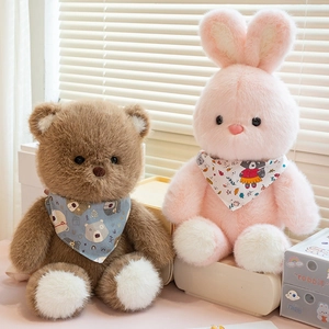 Plush animal doll set with brown bear and pink rabbit wearing printed scarves