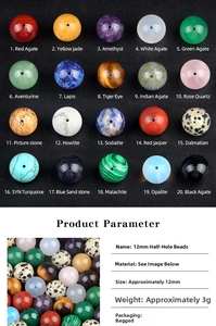 Macro detail of 12mm half-hole gemstone beads in various natural stones for DIY jewelry