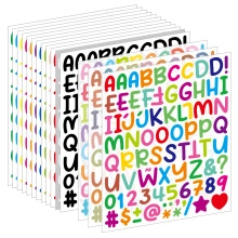 Detail of colorful and black waterproof alphabet letter and number stickers for DIY crafts