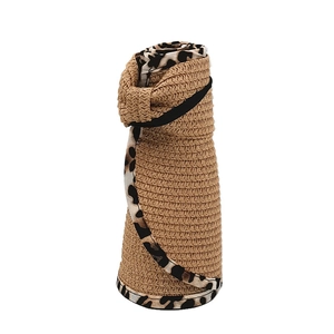 Roll-up sun visor hat with leopard print trim and black elastic band for easy storage