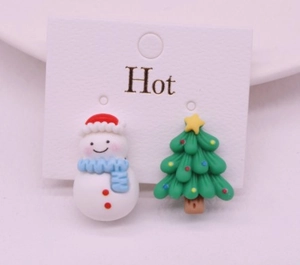 Detail view of cute snowman and Christmas tree clip-on earrings for kids on a display card