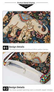 Detailed embroidery of colorful elephant floral patterns and smooth zipper on canvas bag
