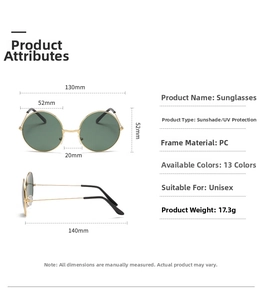 Detailed specs of round retro sunglasses with gold metal frame and green lenses