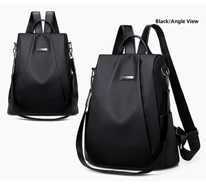 Detail view of black oxford fabric backpack with side pockets and smooth zippers