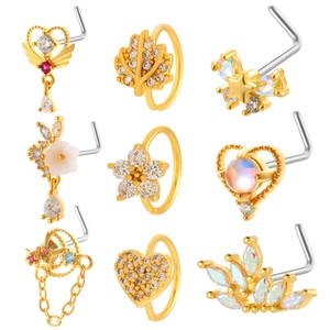 Titanium Steel Nose Stud L Shaped Heart Star Flower Moon Zircon Dangle Chain Body Piercing Jewelry For Women