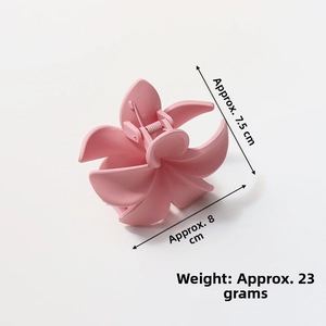 Detailed view of pink floral 8cm hair claw clip with size measurements and matte finish