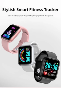 Detail view of pink, white, and black smartwatches showing heart rate and step counter interfaces