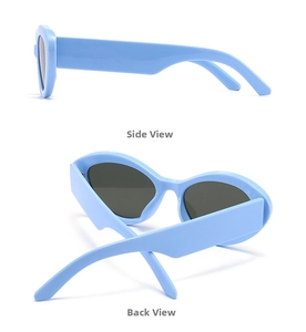 Side and back view of sky blue baroque sunglasses with wide frames and dark lenses