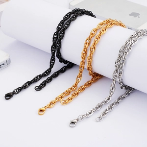 Trio of 18K gold-plated stainless steel rope chains in black, gold, and silver finishes