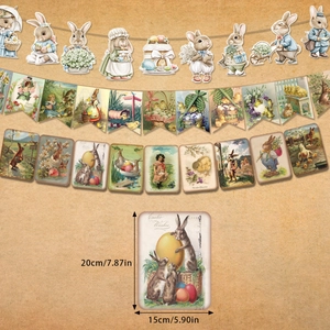Vintage Easter party banner featuring retro bunny and egg illustrations with dimensions