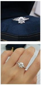 Detail view of 7.5mm moissanite ring with four-prong setting and side diamond accents