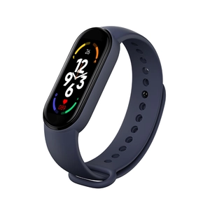 Smart fitness tracker with heart rate and sleep monitoring on a blue silicone strap