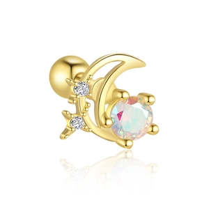 Macro view of gold S925 silver star and moon stud earring with iridescent zircon stone