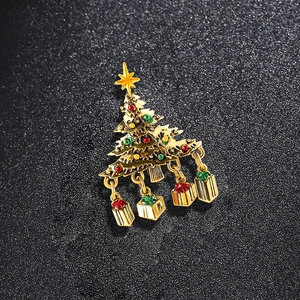 Golden Christmas tree brooch with red and green rhinestones and gift box charms