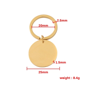 Polished golden stainless steel keychain with round metal pendant and size dimensions