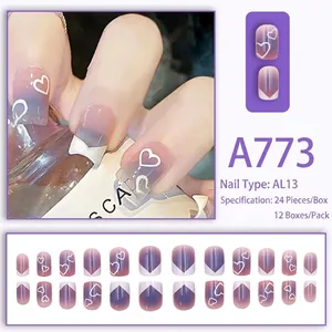 Short French press-on nails with purple blue gradient and white heart patterns, 24pcs set