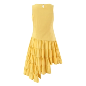 Yellow sleeveless dress with layered asymmetric ruffle hem and hollow back design