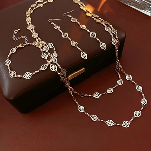 Copper Jewelry Necklace Bracelet Drop Earrings Hollow Out Geometric Clover Vintage French Retro Gold For Women Elegant