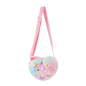Pink heart-shaped rainbow plush unicorn crossbody bag for girls with adjustable strap
