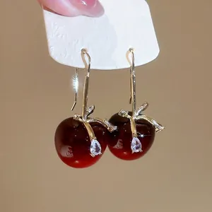 Orecchini A Ciliegia Rossi Resina Forma Frutta Con Fiocco In Zircone E Perno In Argento Sterling 925 Per Donna Moda
