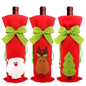 Three festive Christmas wine bottle covers featuring Santa, reindeer and tree patterns
