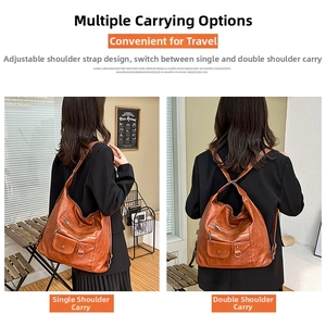 Detail view showing adjustable straps for shoulder or backpack mode on vintage brown bag