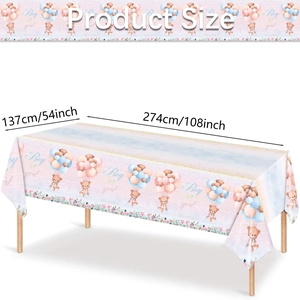 Gender reveal party tablecloth with cute bears and Boy or Girl text, size 137x274cm