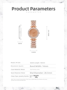 Detailed size chart of rose gold women's watch with crystal bezel and metal bracelet