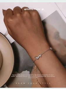 Close-up of a s925 sterling silver dachshund puppy charm on a delicate bracelet for women